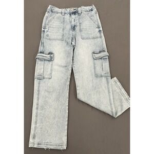 Vervet Blue Womens Cargo Jeans 27 Wide Leg High Rise Light Wash Stretch